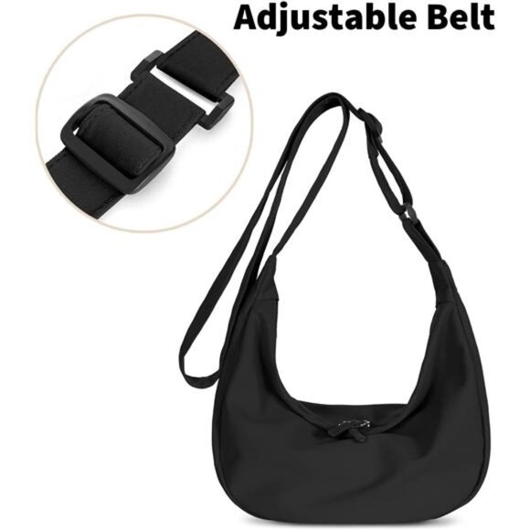 Mini Crescent Bag with Adjustable Strap, 2 Zippers Lightweight Nylon Bag - Blac - Picture 4 of 6